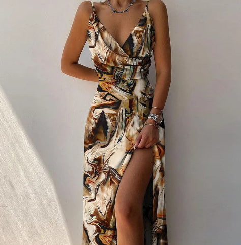 V-neck Slip Dress Low Cut Slit Dress