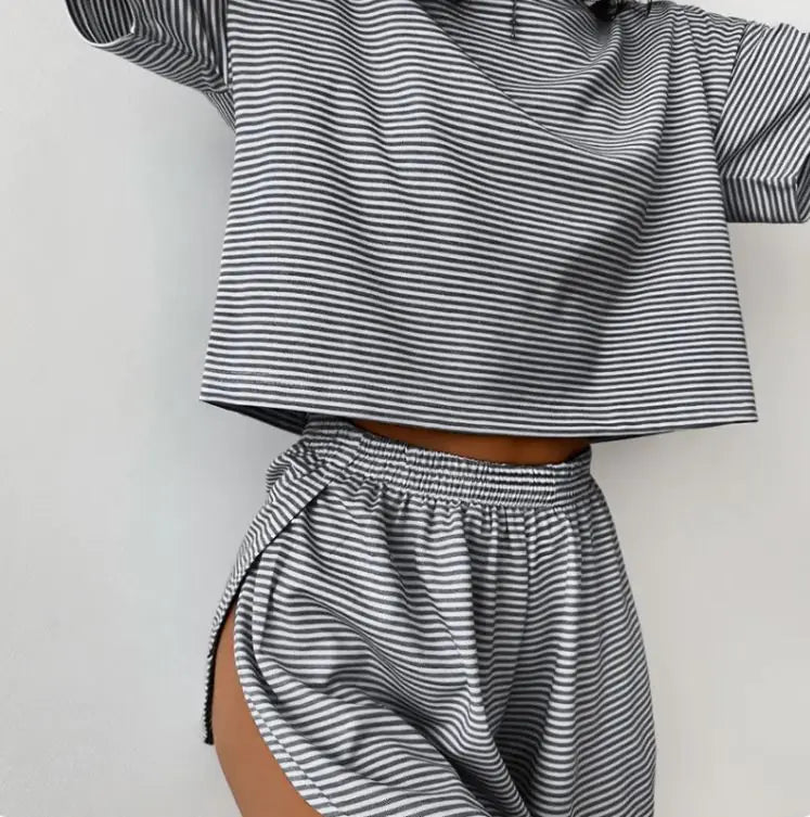 Knitted Striped Pajamas Short-sleeved Shorts Suit