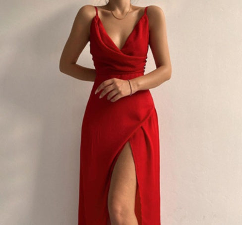 V-neck Slip Dress Low Cut Slit Dress