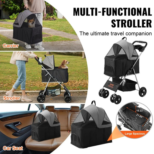 VEVOR Pet Stroller, A Four-wheeled Rotating Dog Stroller With A Brake, Has A Weight Capacity Of 35 Pounds. It Comes With A Detachable Tray, Storage Basket, And Cup Holder, Suitable For Travel With small animal