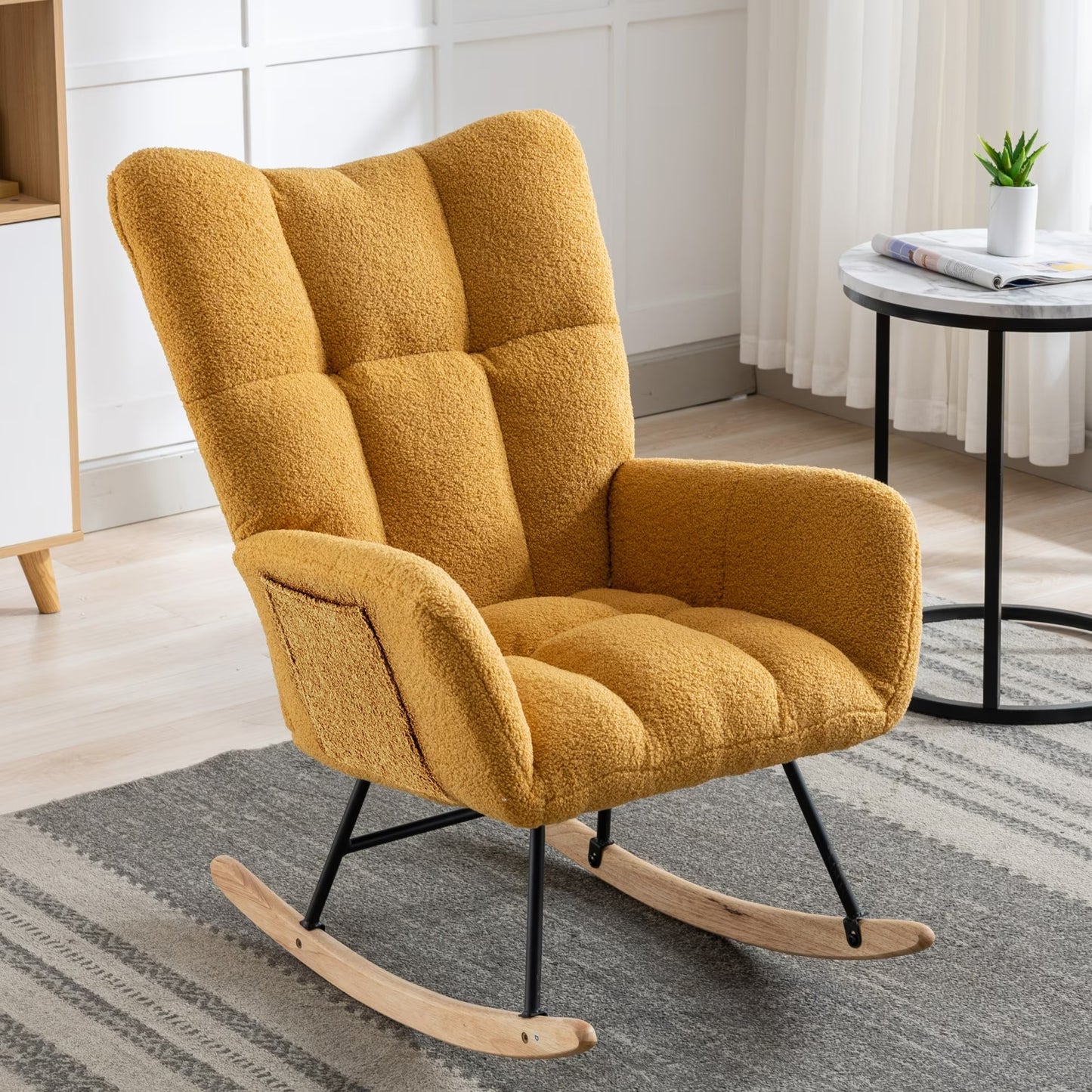 Rocking Chair With Pocket, Soft Teddy Fabric Rocking Chair For Nursery, Comfy Wingback Golider Rocking Chair With Safe Solid Wood Base For Living Room Bedroom Balcony