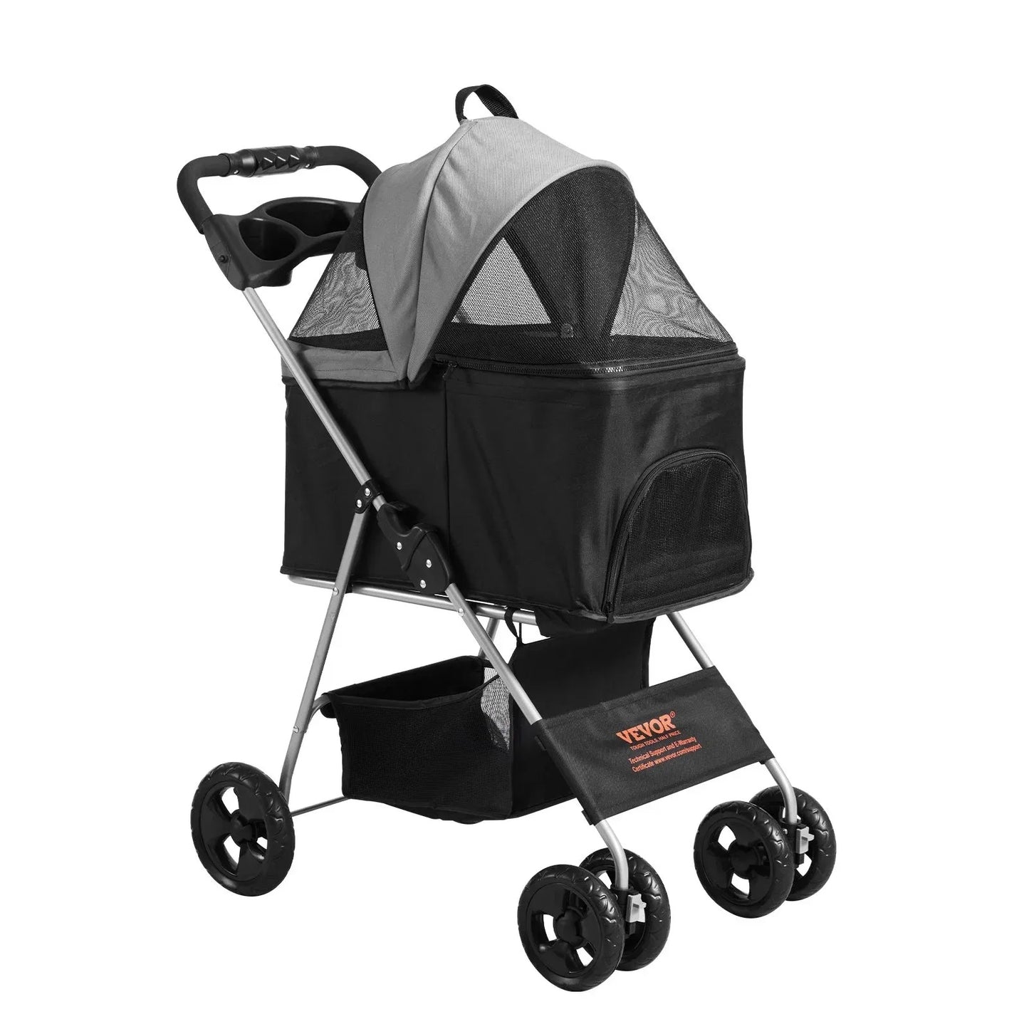 VEVOR Pet Stroller, A Four-wheeled Rotating Dog Stroller With A Brake, Has A Weight Capacity Of 35 Pounds. It Comes With A Detachable Tray, Storage Basket, And Cup Holder, Suitable For Travel With small animal