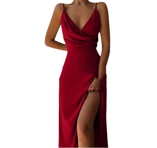 V-neck Slip Dress Low Cut Slit Dress