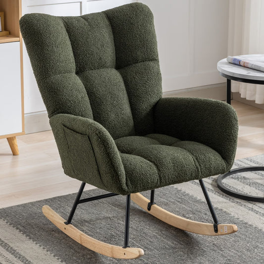 Rocking Chair With Pocket, Soft Teddy Fabric Rocking Chair For Nursery, Comfy Wingback Golider Rocking Chair With Safe Solid Wood Base For Living Room Bedroom Balcony